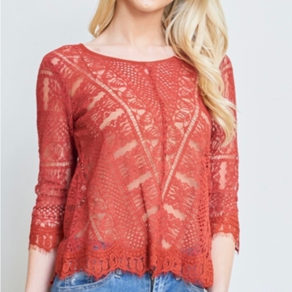 🌹NEW! Elegance & Lace, Handmade, Luxury Back Tie Top. Color Brick Red. S, M, L
